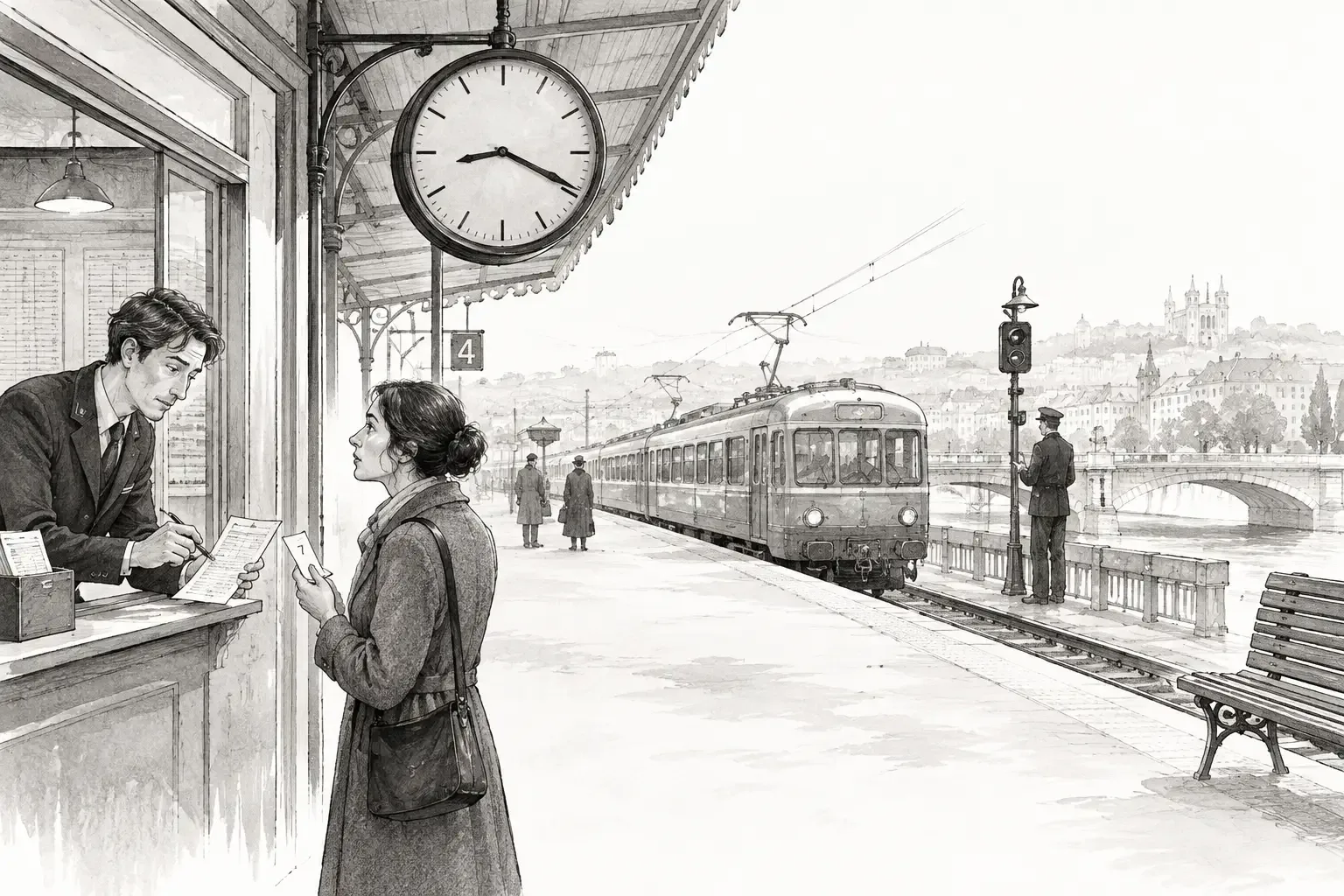A stopped electric clock above a Bellecour station platform as a suburban train waits across a district boundary; a passenger holds a numbered slip.