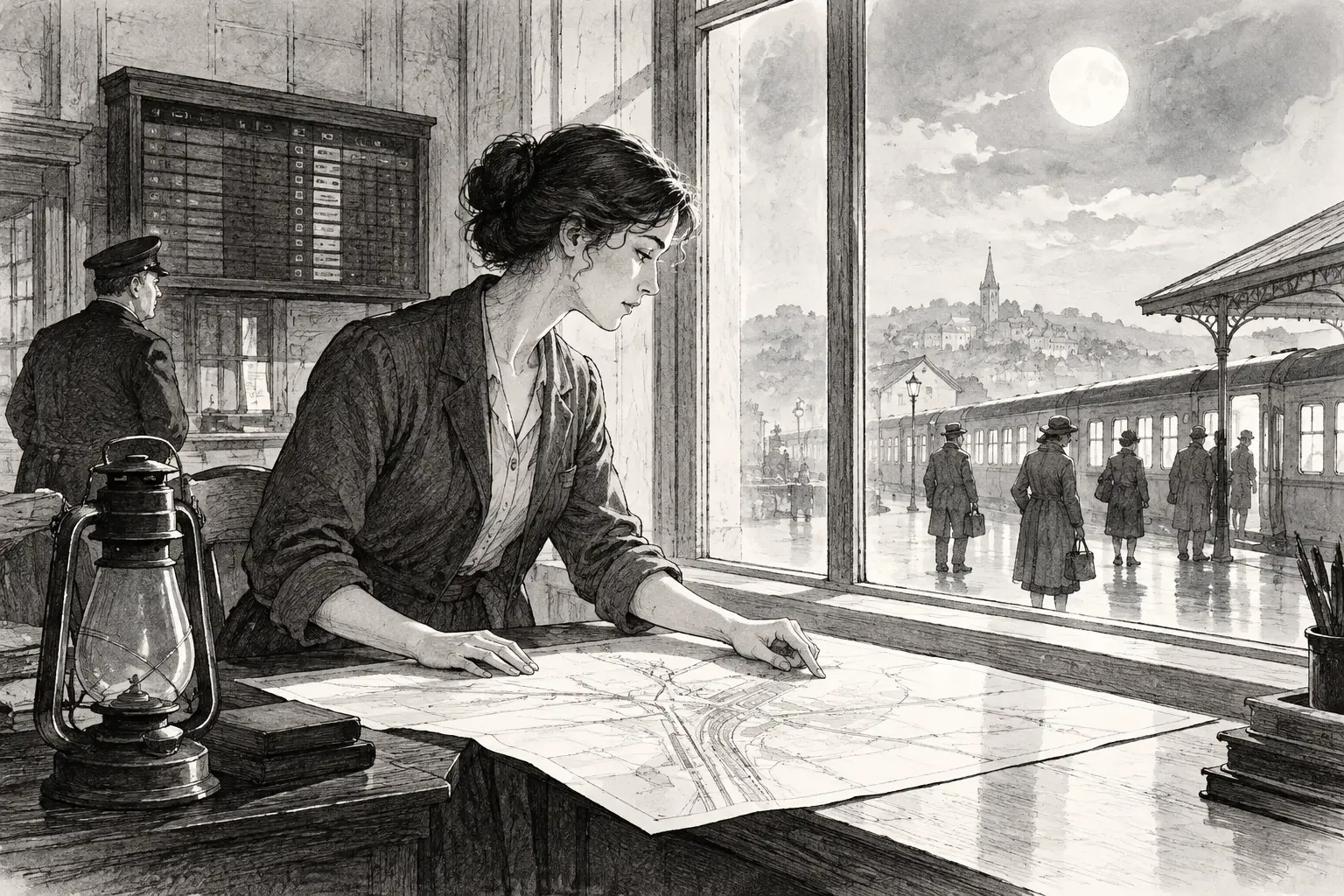 Léonie Béraud studies a station map by moonlight after the map room’s last lantern goes out.