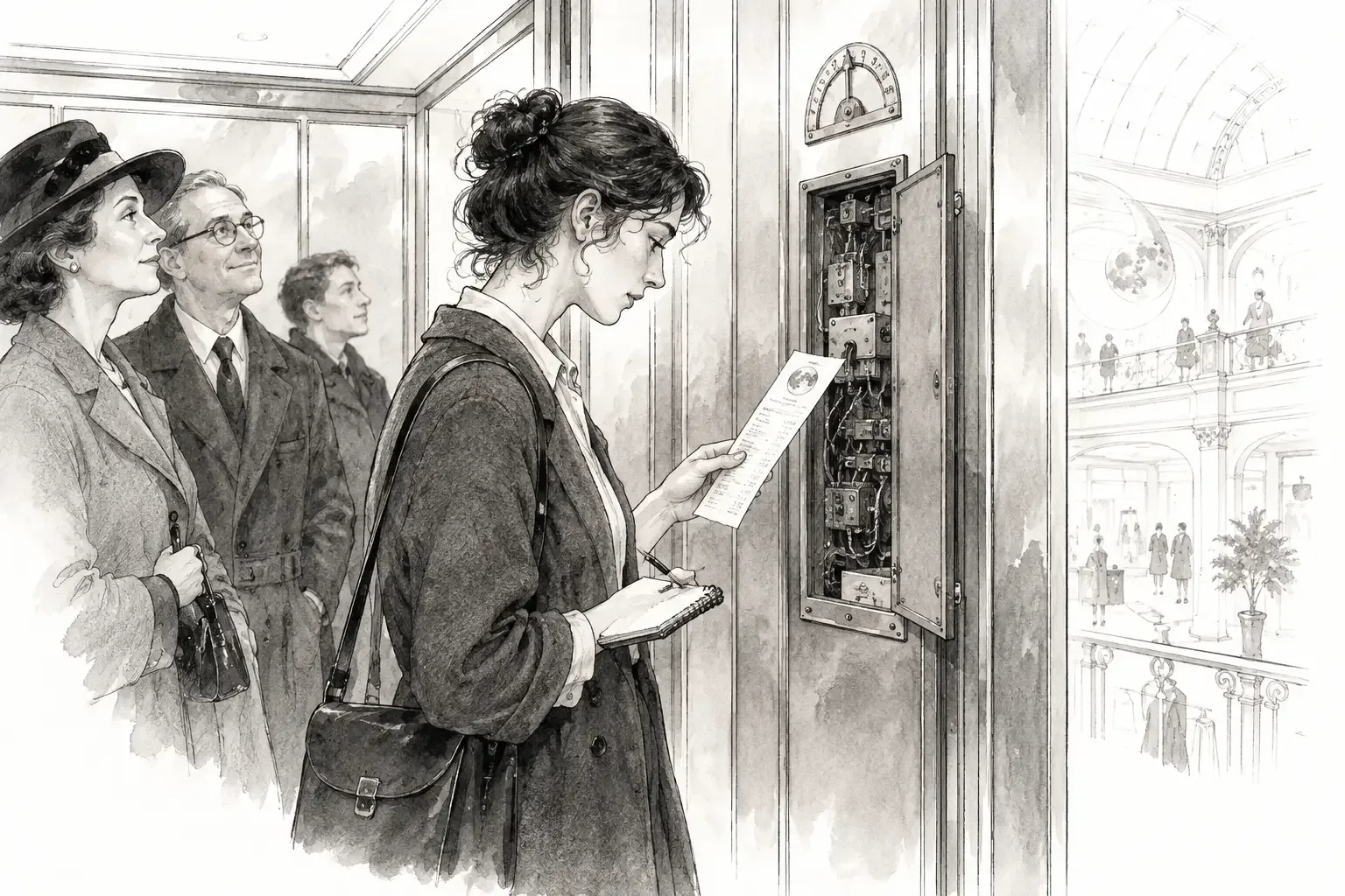 Adèle Morel examines a paid receipt beside the open service panel of a Bellecour department-store lift.
