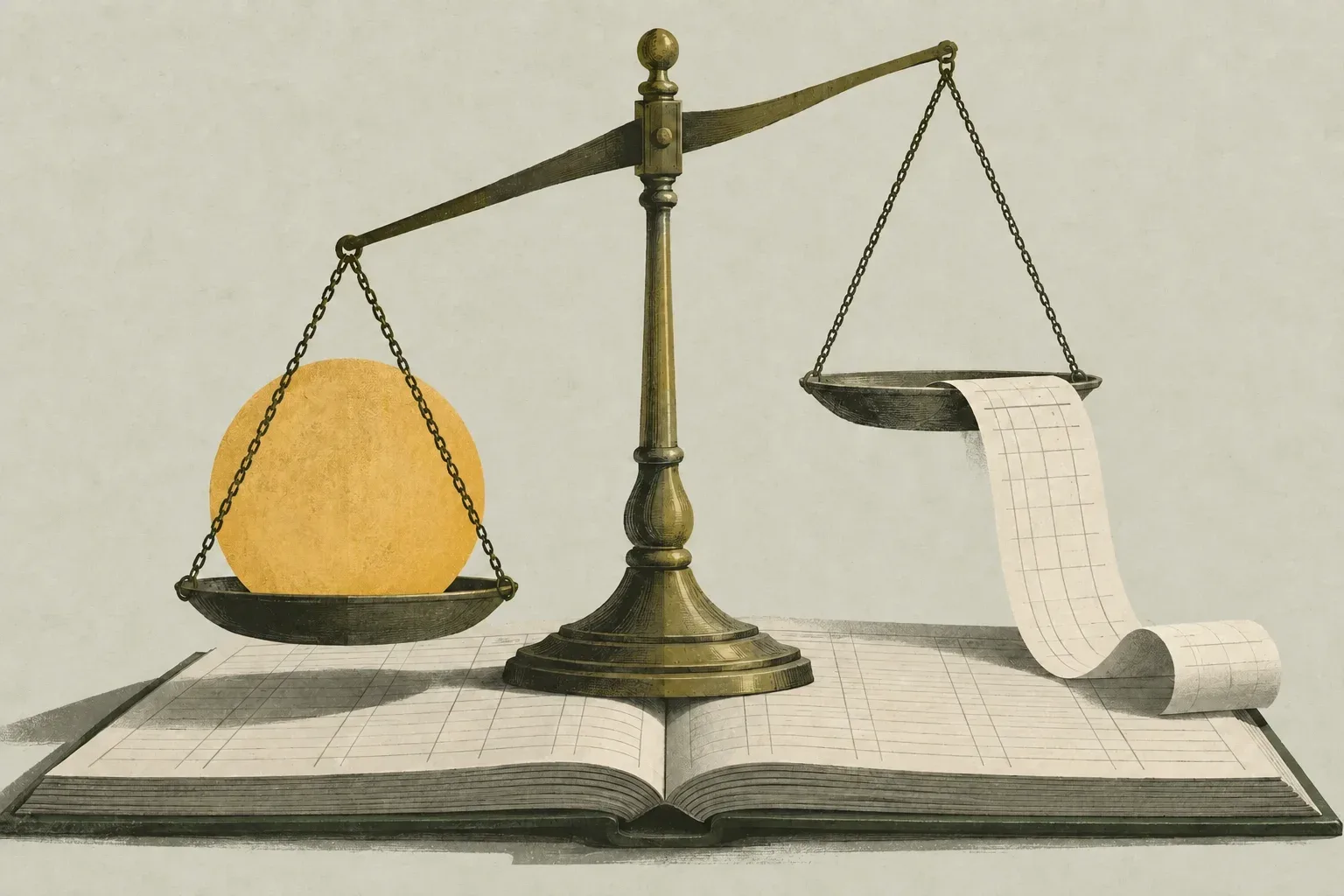 A conceptual editorial illustration of a brass balance scale on an open municipal ledger: the Sun weighs down one pan, while a crescent Moon hovers above the other beside an unlettered payroll slip, in olive, charcoal and muted ochre.