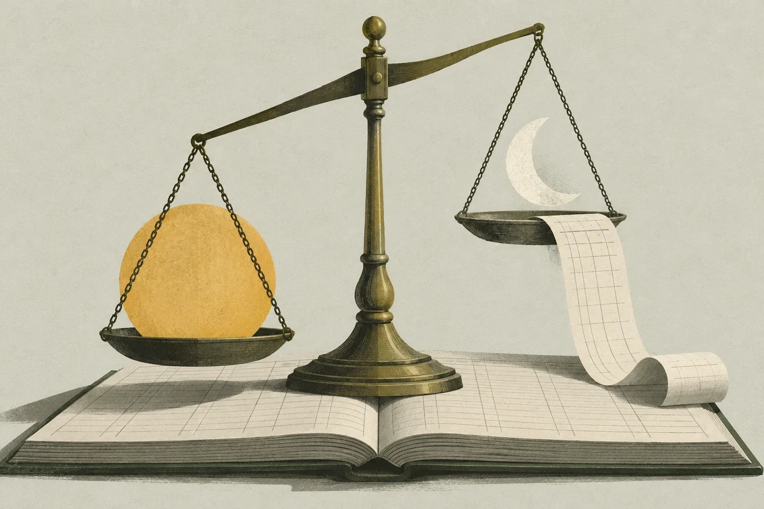 A conceptual editorial illustration of a brass balance scale on an open municipal ledger: the Sun weighs down one pan, while a crescent Moon hovers above the other beside an unlettered payroll slip, in olive, charcoal and muted ochre.