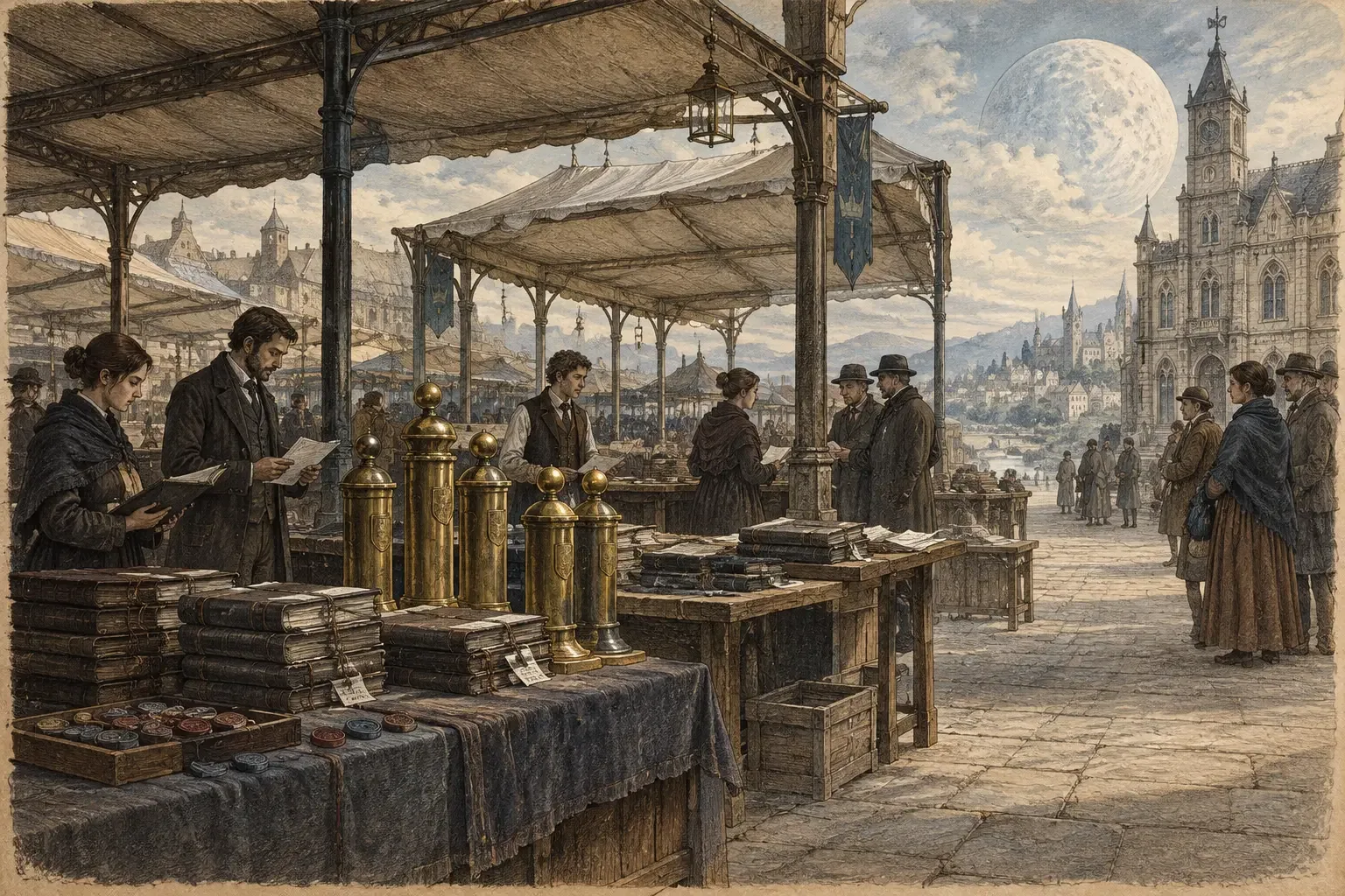 Brass boundary posts and municipal ledgers sit unsold beneath the covered stalls of March & Crown Exchange as clerks wait with paperwork.