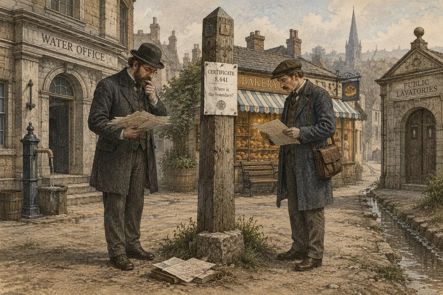 An engraved boundary post between two municipal clerks, with a certificate pinned to the wood and a bakery behind them.