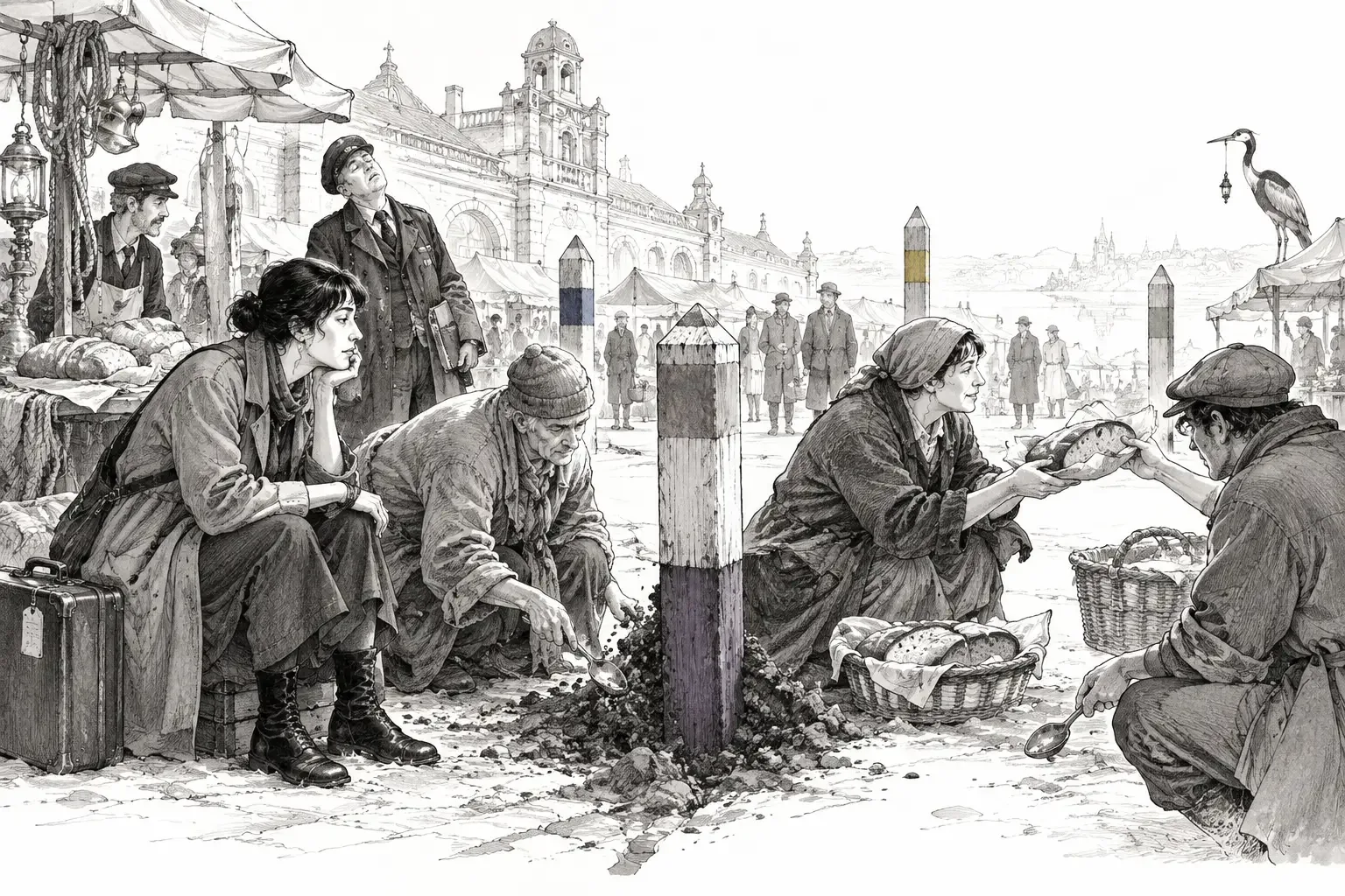 Mira Pell sits beside a half-painted boundary post as neighbours uncover its purple underground wood and pass bread across the line.