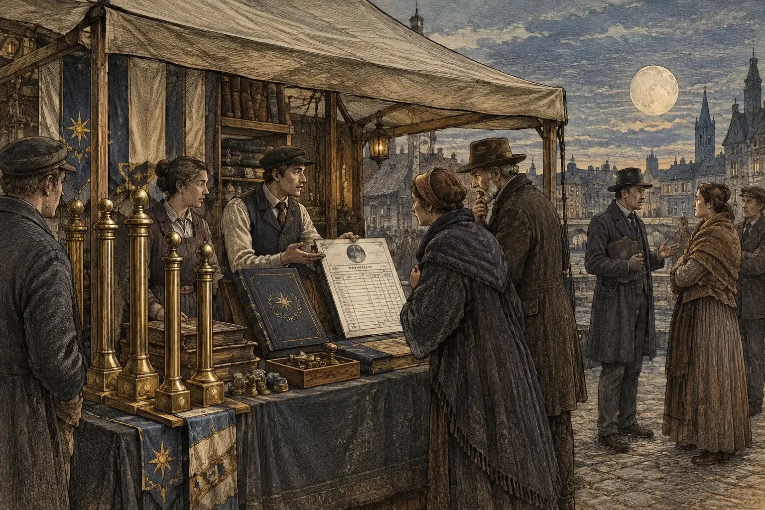 A covered market stall displaying brass boundary posts, municipal ledgers and a payroll form addressed to the moon.