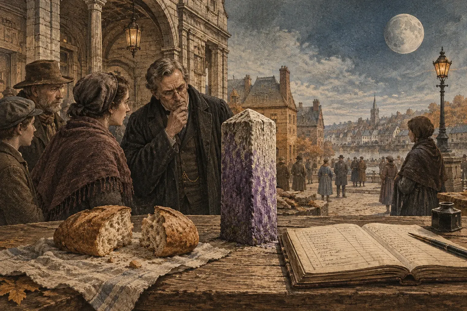 A purple-stained boundary post stands beside divided bread and an open municipal ledger at March & Crown Exchange.