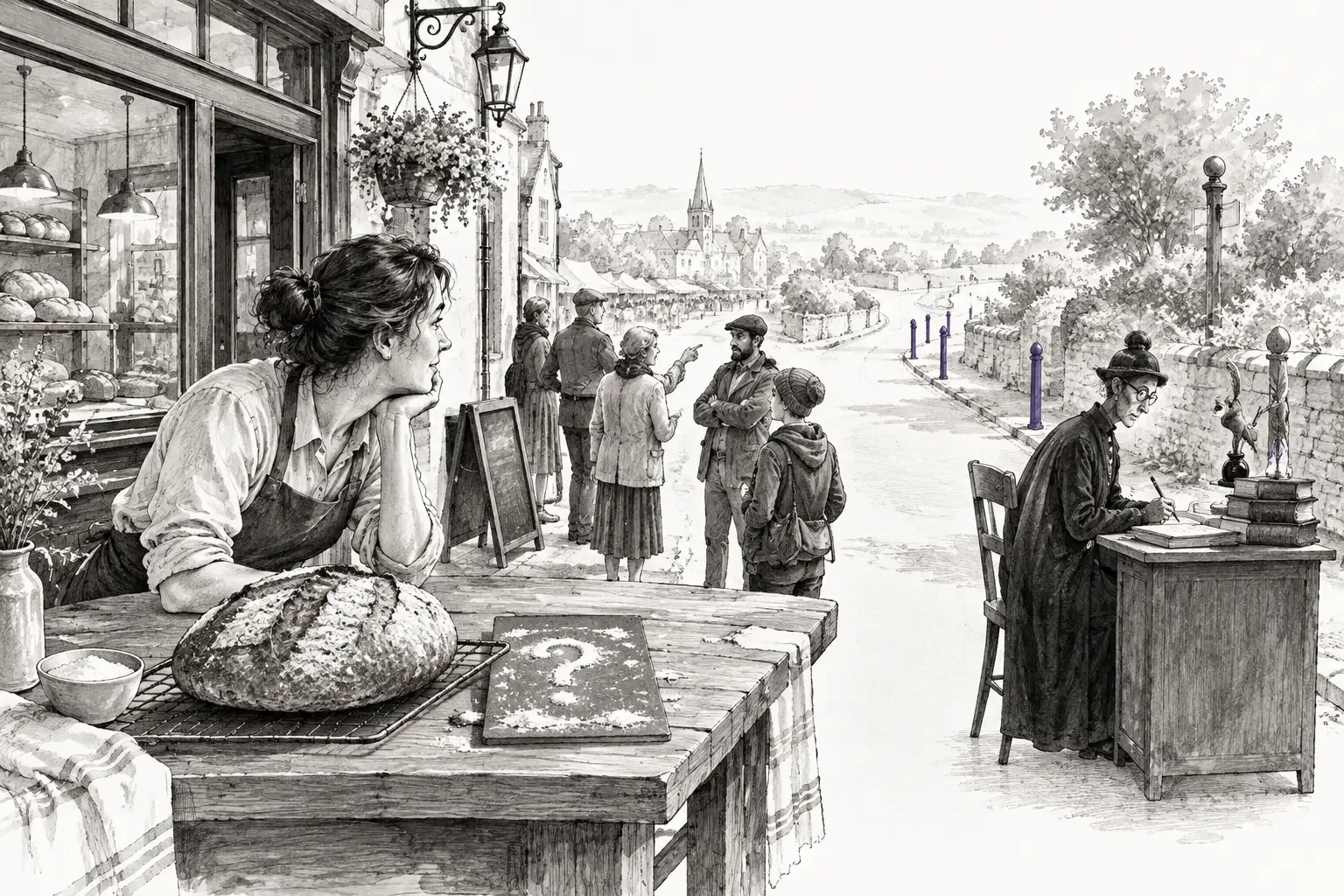 A cooling loaf beside a flour-written question card, with purple boundary posts visible down the road.
