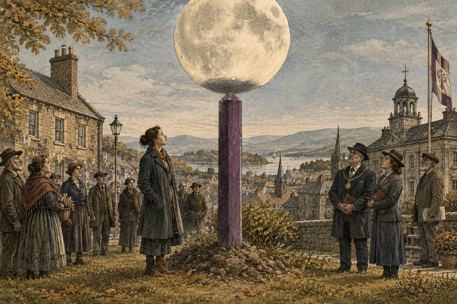 Residents and municipal officials stand beside an uncovered purple boundary post beneath a moon that has stopped above the town.